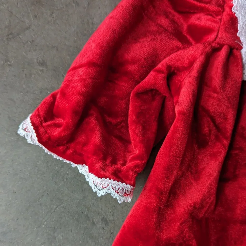 Vintage 80s Christmas One-Piece Romper Red Velour Lace Yoke Holiday size 6-9M